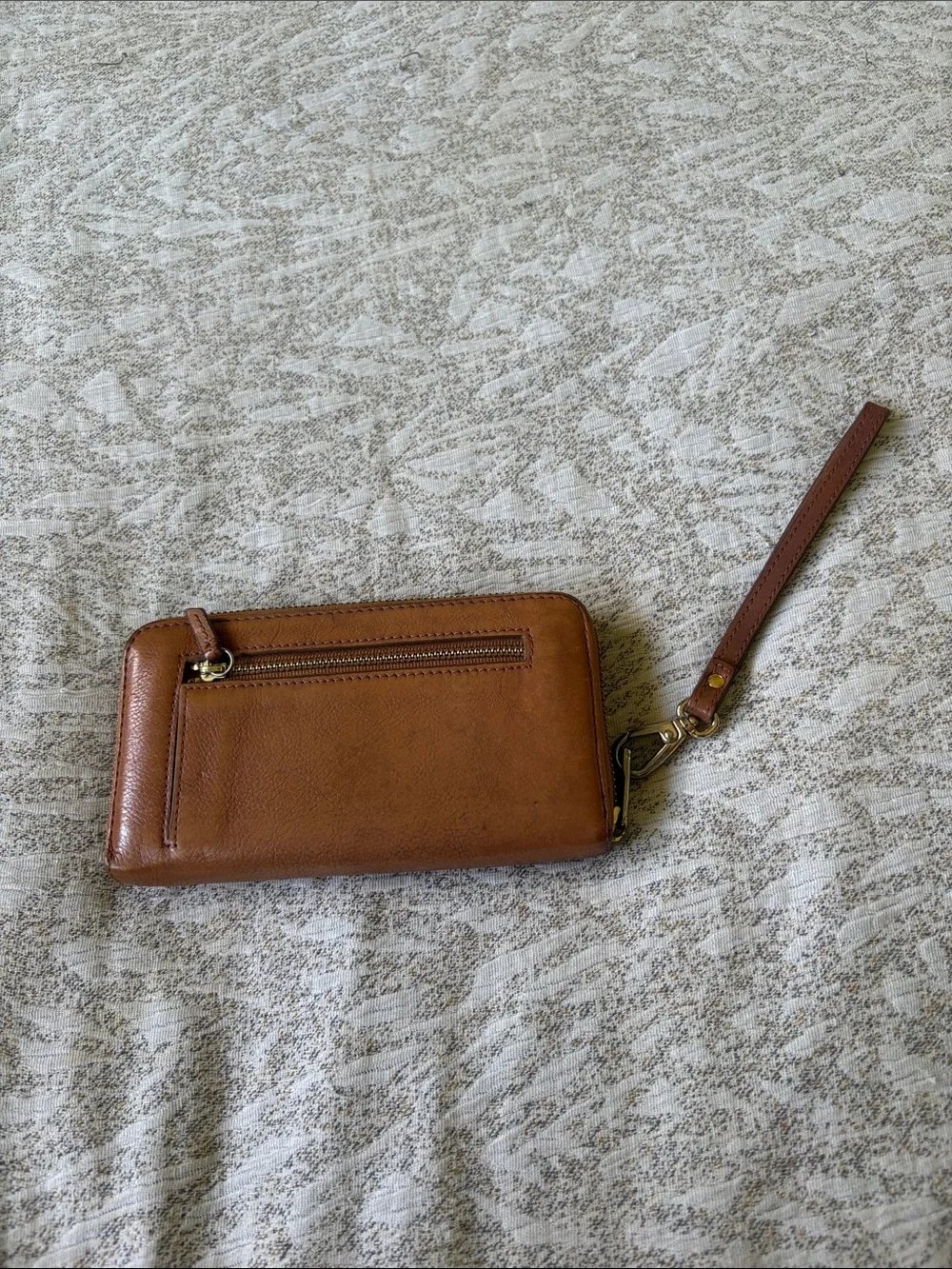 Fossil Cognac Leather Zip-Around Wristlet